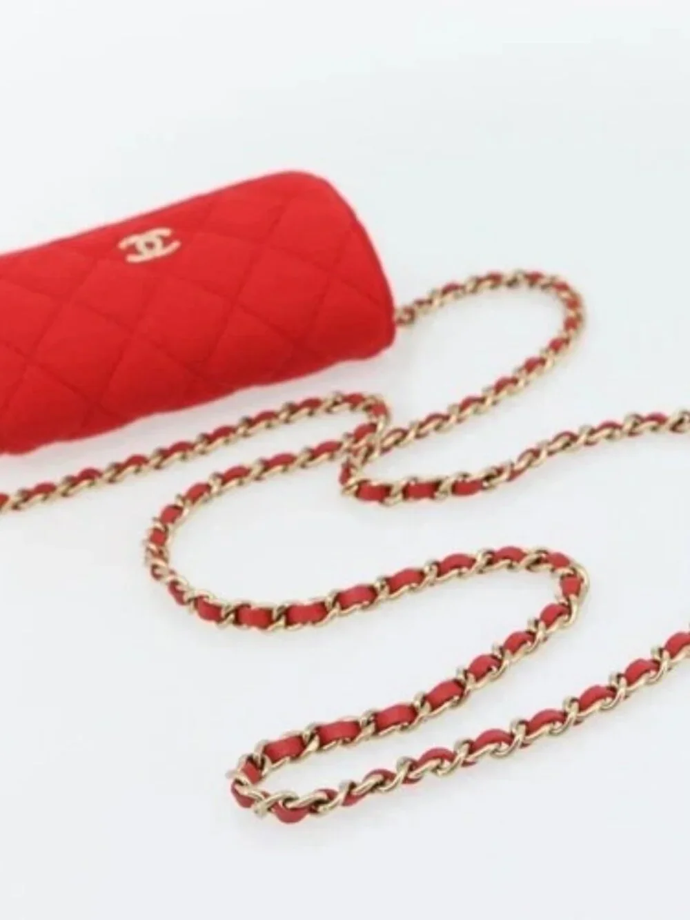 CHANEL Chain Mini Matelasse 12 Shoulder Bag Cotton Red Gold CC Auth 182786SM